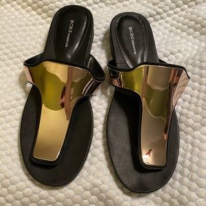 BCBG Silver mirrored flip flops size 8